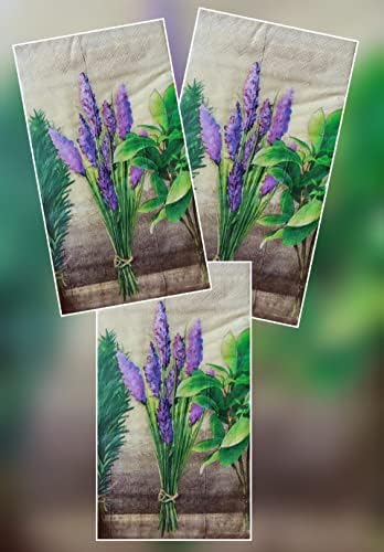 Lavender Design Perloral Paper Paperss מפיות אורחת | פרחים סגולים ובזיליקום מתוק ירוק | חג הפסחא/אביב, מקלחת